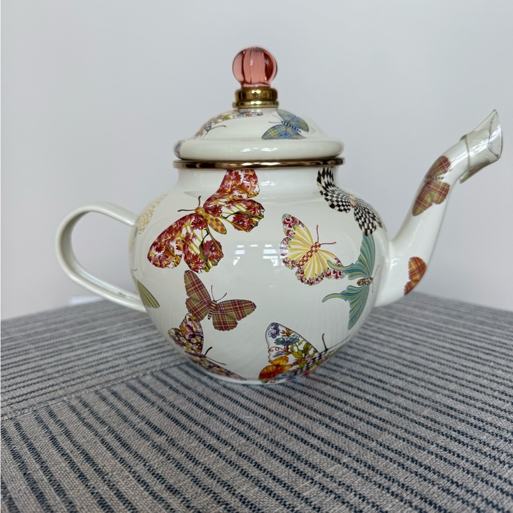 McKenzie Childs  butterfly garden white 4 cup teapot kettle retired, rare, NWOT.